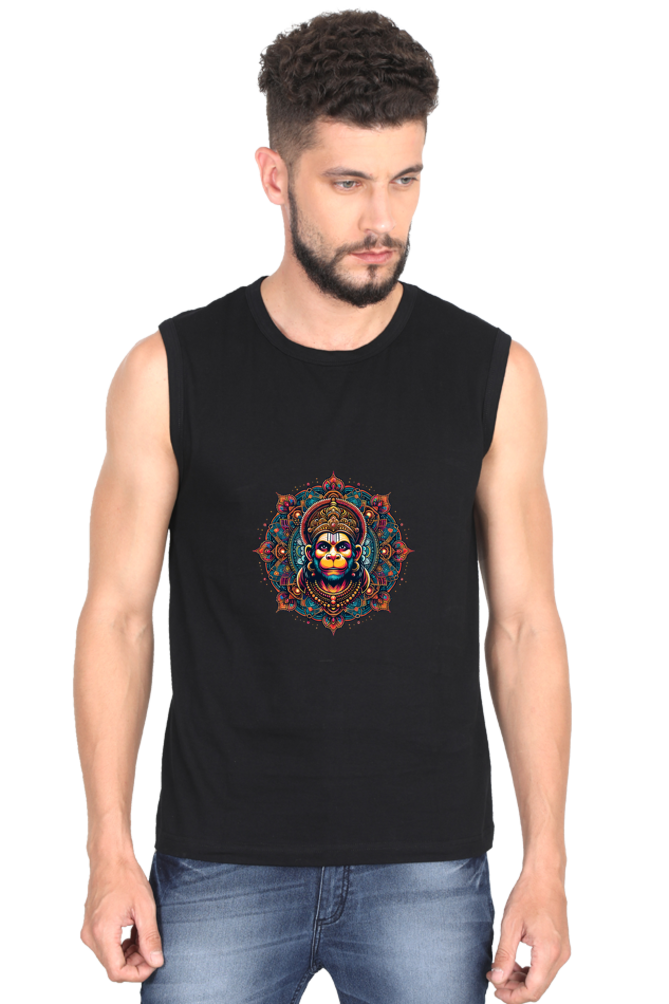 Hanuman Ji's Face Designed Male Round Neck Sleeveless T-Shirt